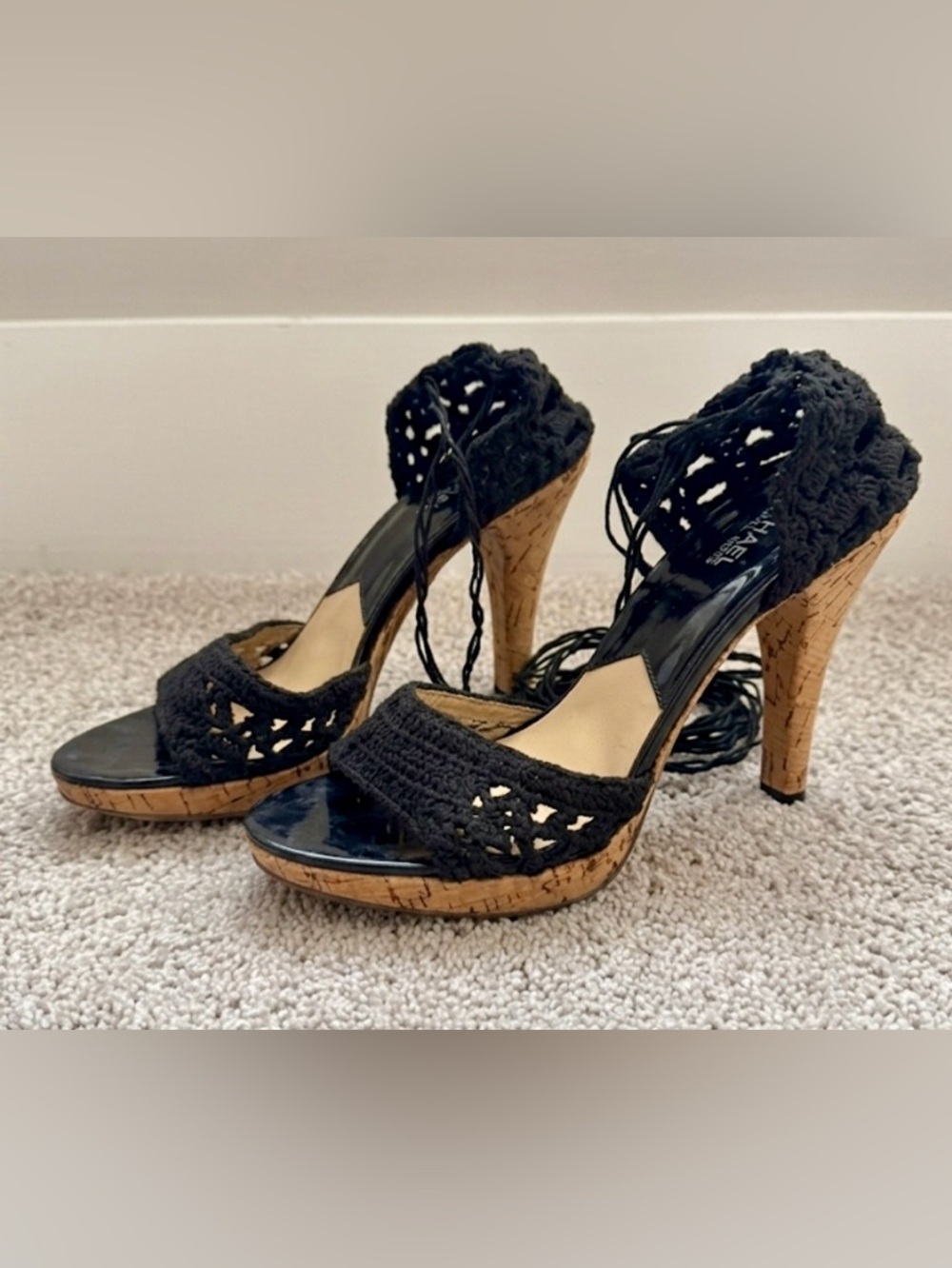 Michael Kors Black Crochet Lace Up Cork Wedges Heels Size 11 - Picture 3 of 11